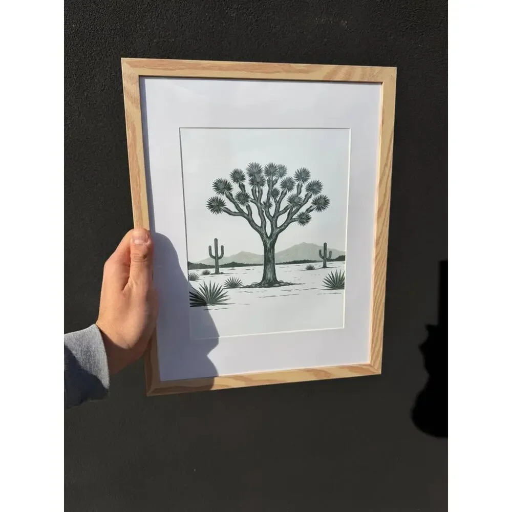 Framed Black Joshua Tree Desert Art Print — Natural Wood Frame